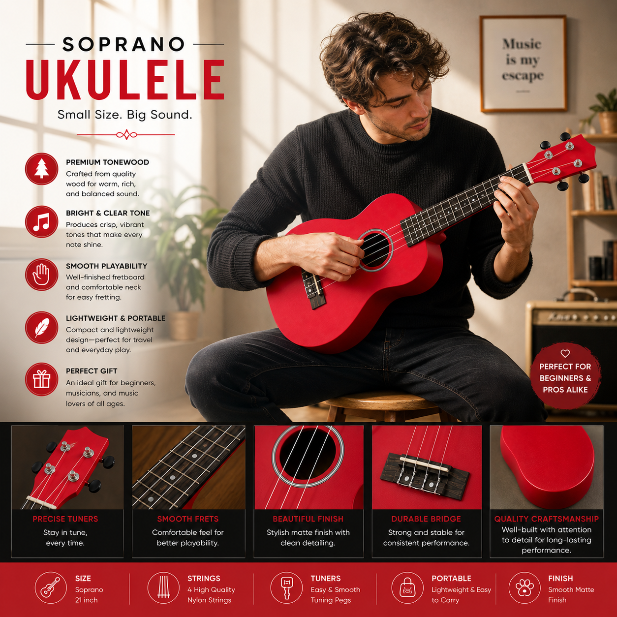 Premium Red Ukulele Guitar – Lightweight 21” Acoustic Instrument for Beginners & Kids